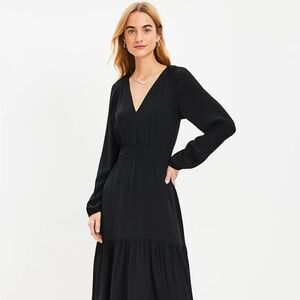 Shirred Flounce Midi Black -Loft